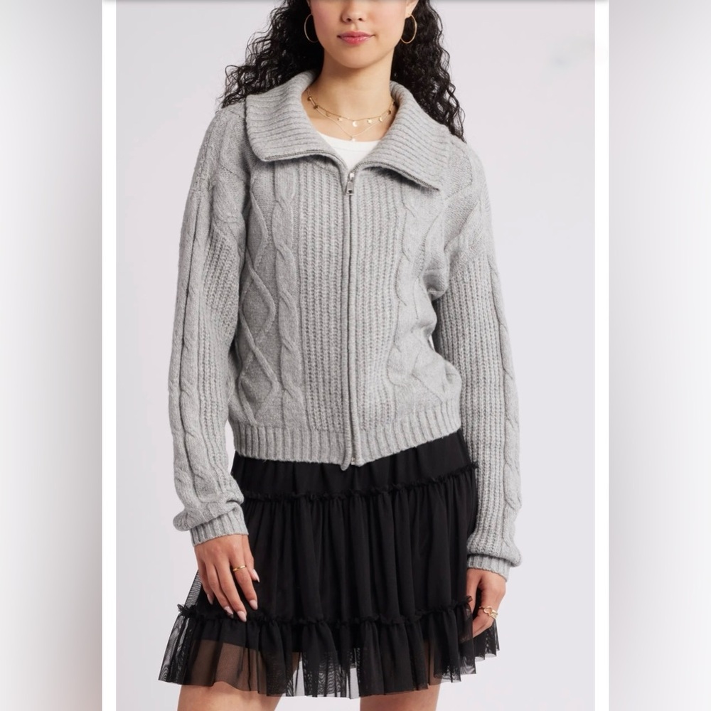 BP Chunky Cable Knit Zip Cardigan Sweater Gray Mock Neck Women’s Small